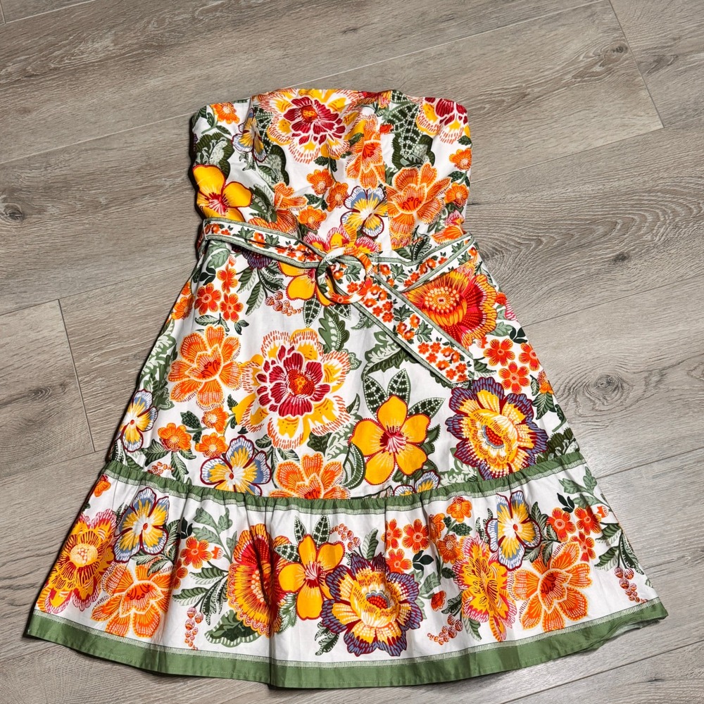 Joie Strapless Floral Print Smocked‎ Waist Belted Dress Size 4 Small
